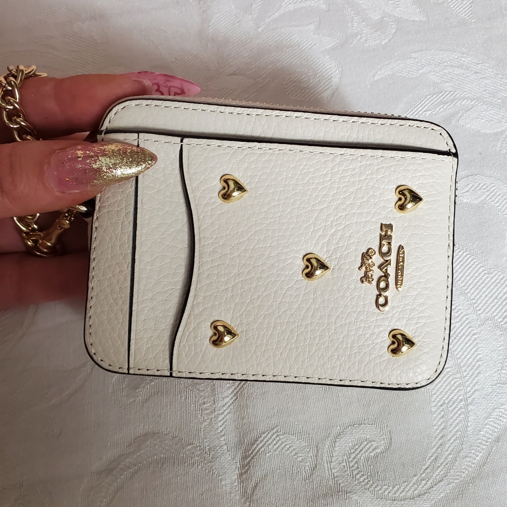 Coach Valentine's 2026 Chalk Cream Gold Heart Studded Card Case Wallet - Picture 2 of 7